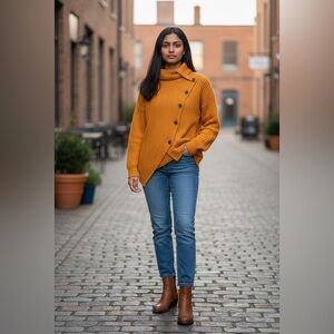 Mustard Yellow Asymmetric Wrap Cowl Neck Sweater - XS/S